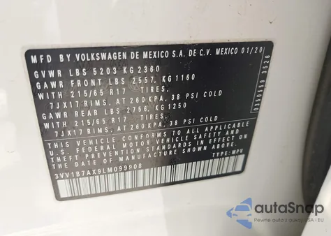 2020 Volkswagen Tiguan 2.0T S from USA, damaged, VIN 3VV1B7AX9LM099908